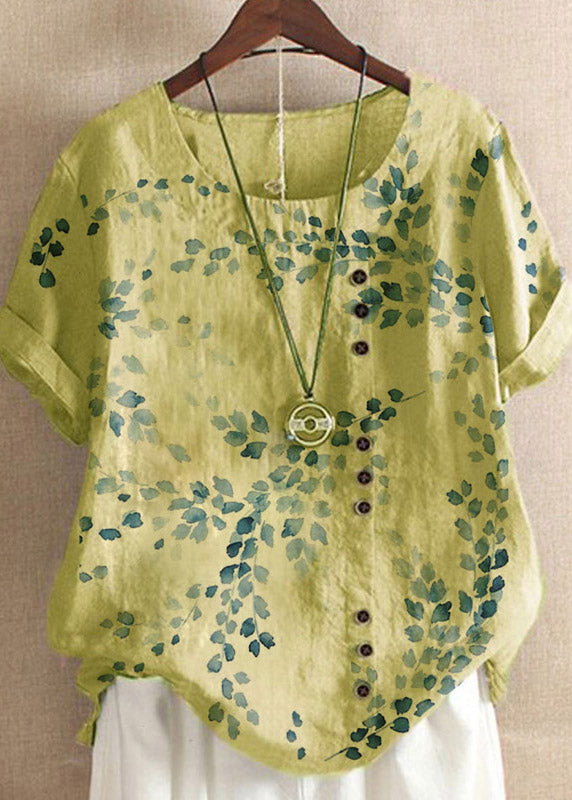 Yellow O-neck Embroideried Linen Tops Short Sleeve
