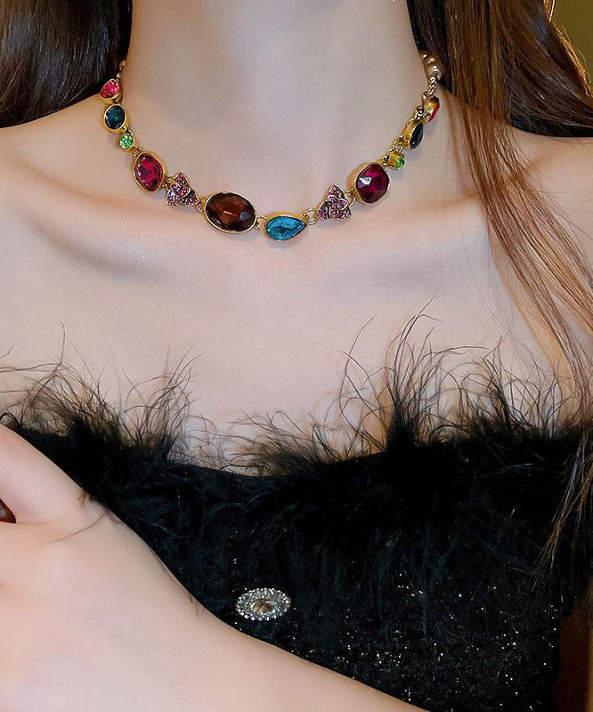 Gold Agate Pearl Zircon Gem Stone Collar Necklace