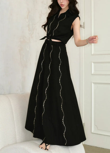 French Black Zircon Lace Up Tops and Skirts Cotton Two Pieces Set Sleeveless