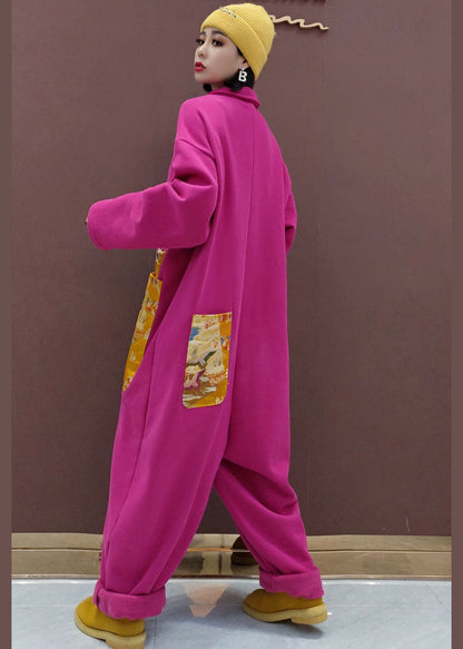 Natural Red Peter Pan Collar Pockets Patchwork Warm Fleece Jumpsuit Spring