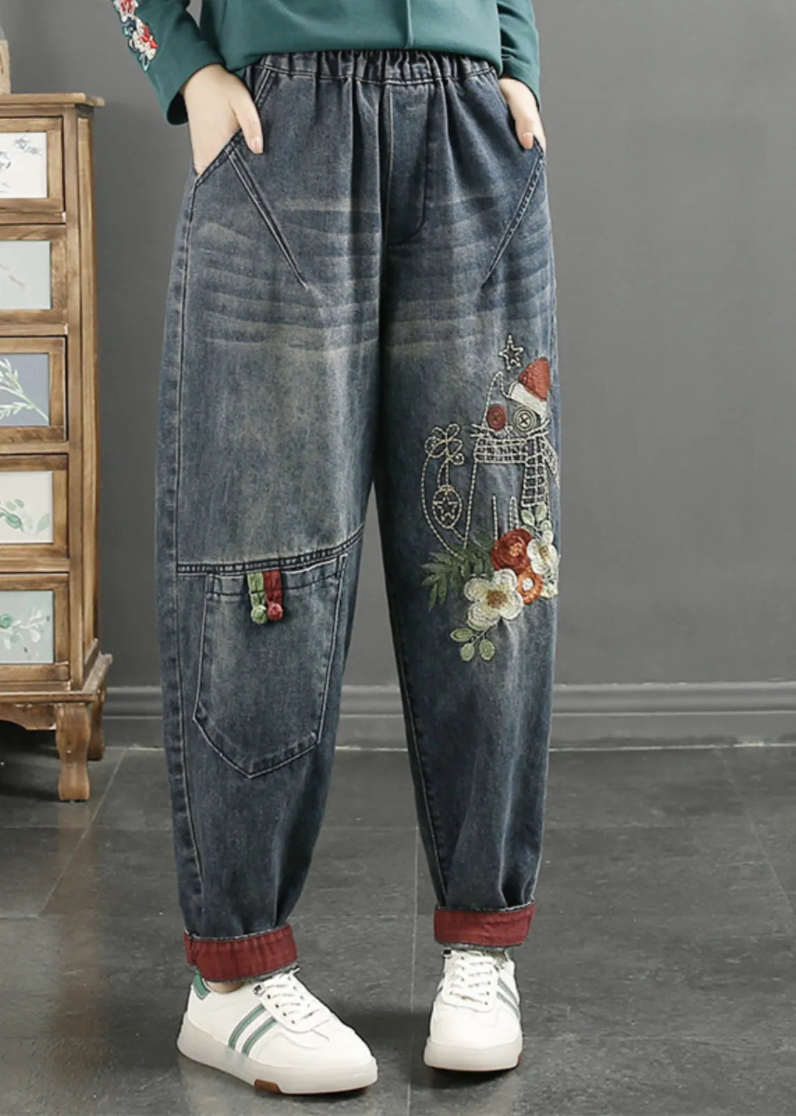 Navy Embroideried Patchwork Denim Pants Spring