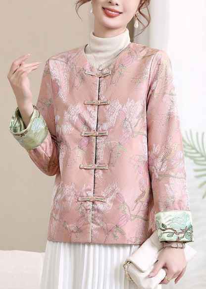 Pink Button Print Silk Coats V Neck Long Sleeve Fall