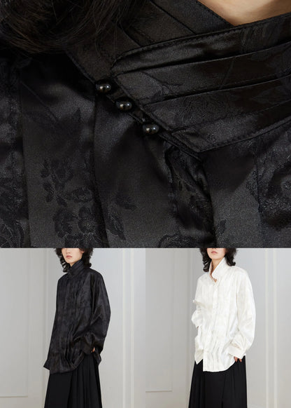 White Jacquard Button Loose Silk Shirt Top Stand Collar