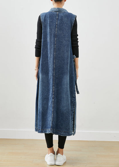 Blue Oversized Lace Up Denim Long Vests Fall