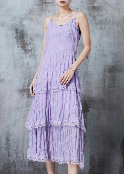 Lavender Wrinkled Patchwork Lace Cotton Sundress Summer
