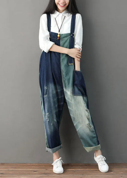 Italian Blue Hole Pockets Patchwork Jumpsuit Spring