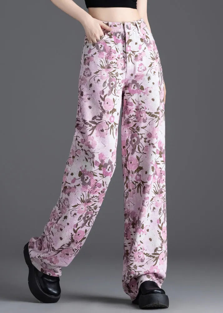 Pink Print Denim Straight Pants Spring