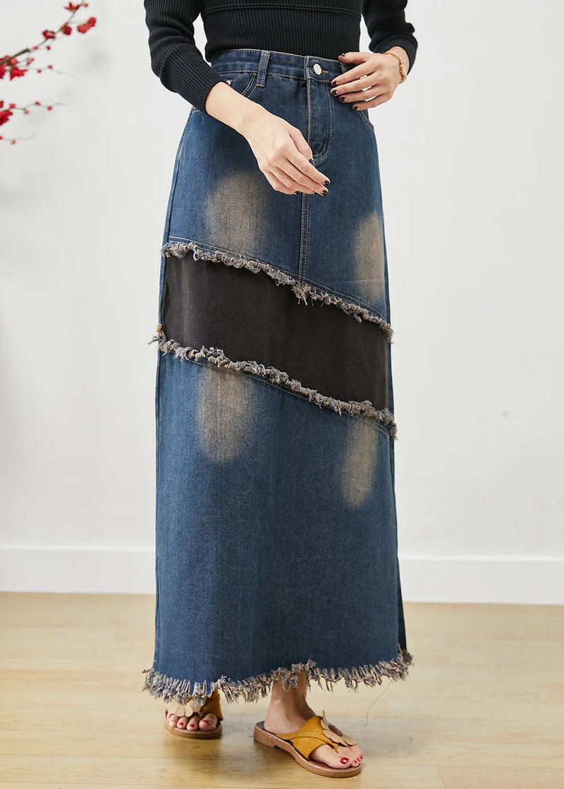 Blue Tasseled Patchwork Denim Skirt Fall