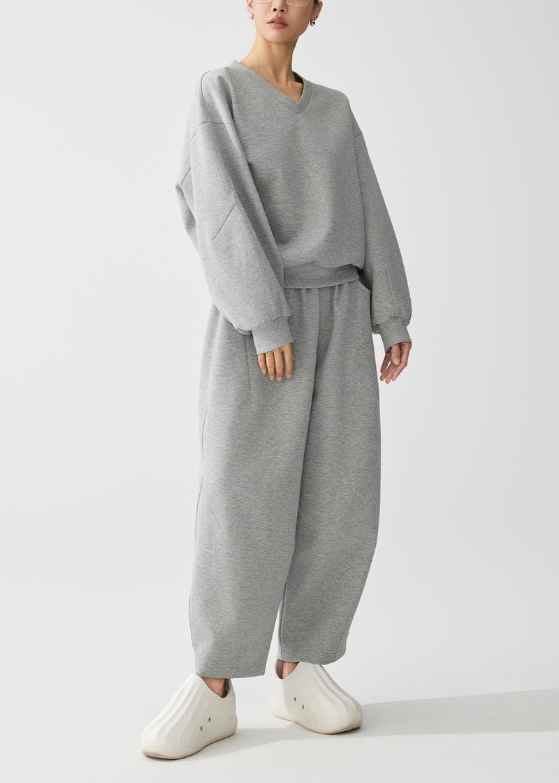 Grey Oversized Cotton Pullover Sweatshirt Two Piece Set Fall