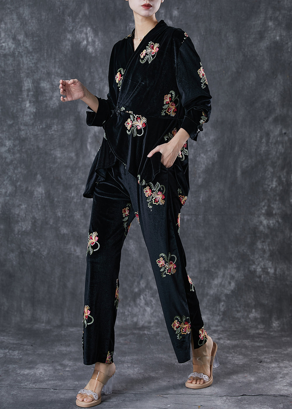 Black Embroideried Chinese Button Silk Velour 2 Piece Outfit Spring