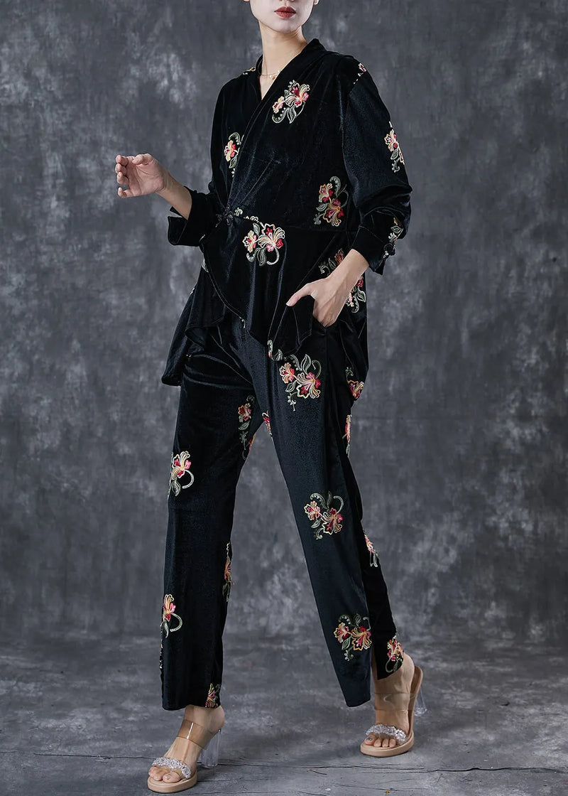 Black Embroideried Chinese Button Silk Velour 2 Piece Outfit Spring