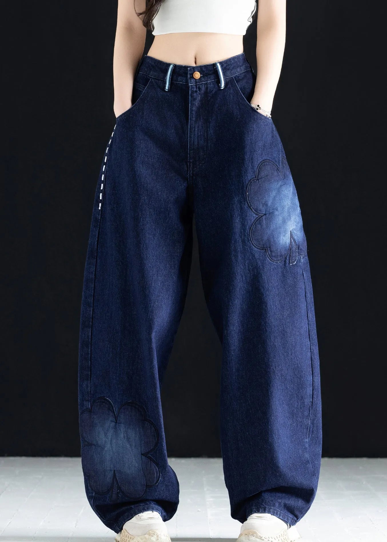 Italian Blue Embroidered Pockets Denim Pants Fall