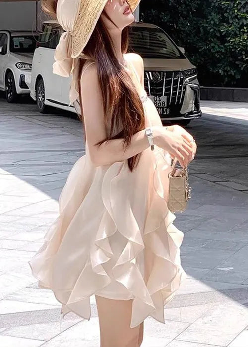 Apricot Sequins Silk Spaghetti Strap Dress Sleeveless