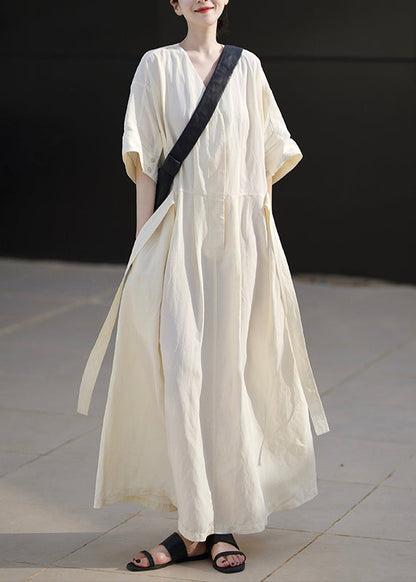 Organic White O Neck Lace Up Wrinkled Cotton Dress Summer