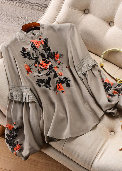Fine Stand Collar Print Ruffles Chiffon Tops Bottoming Shirt Spring