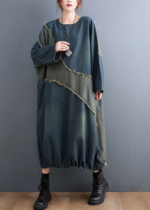 O-neck Drawstring Patchwork Denim Maxi Dresses Fall