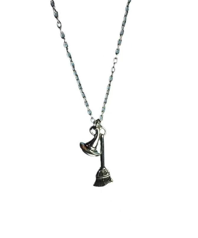 Style Silk Stainless Steel Chain Broom and Hat Pendant Necklace