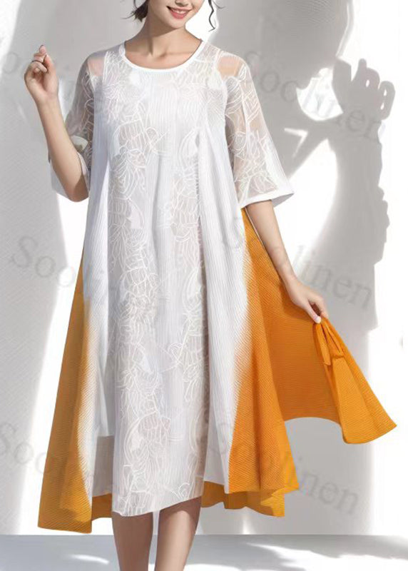 French White Patchwork Hollow Out Silk Long Dresses Short Sleeve