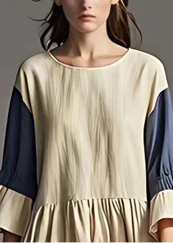 White Oversized Patchwork Linen Robe Dresses Flare Sleeve