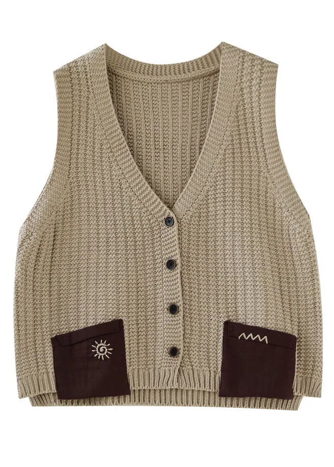Khaki Oversized Patchwork Pockets Knit Vest Sleeveless