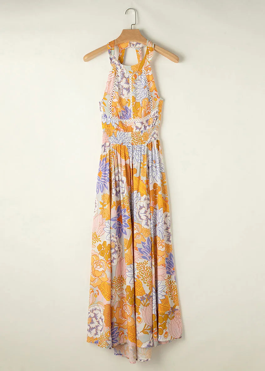 Slim Fit Colorblock Print Backless Tunic Maxi Dresses Sleeveless