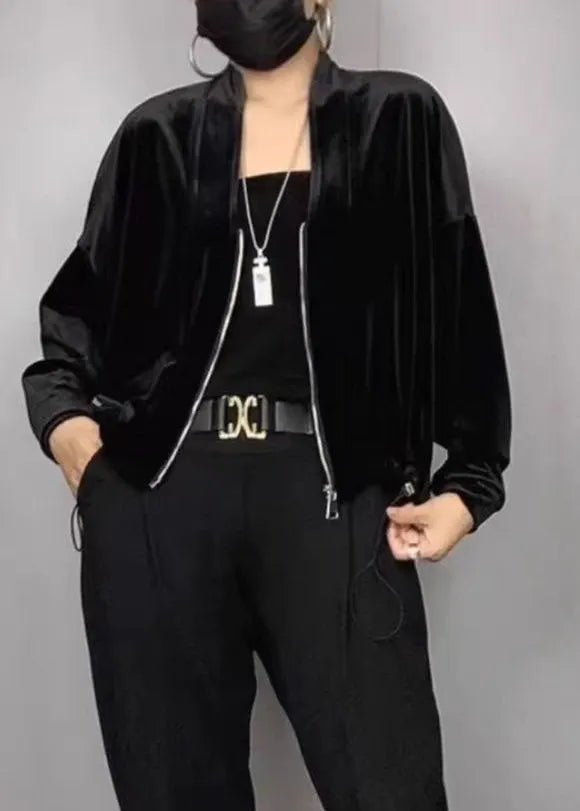 New Black V Neck Zippered Silk Velvet Coat Batwing Sleeve