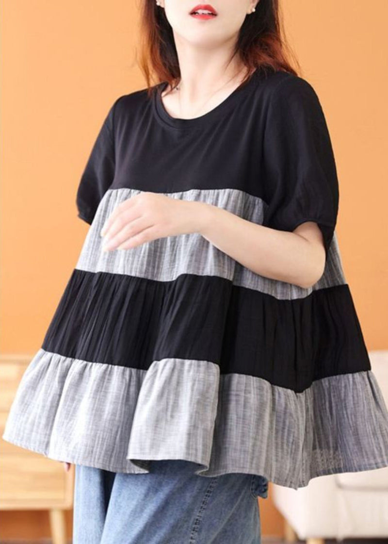 Handmade Black O-neck Wrinkled Patchwork Top Short Sleeve