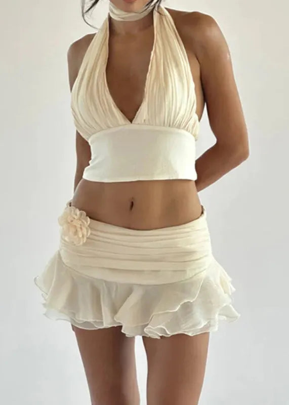 Beige V Neck Lace Up Tank and Skirts Cotton Two Pieces Set Sleeveless