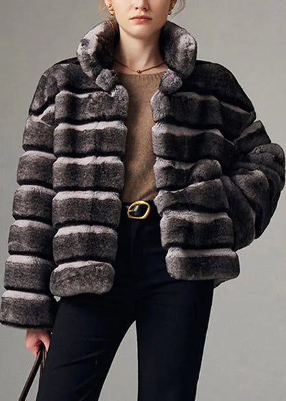 Italian Striped Stand Collar Pockets Leather and Fur Coat Winter
