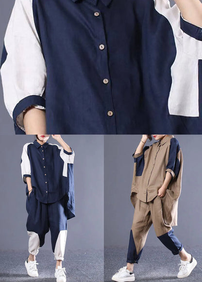 Navy Oversized Patchwork Cotton Two Pieces Set Batwing Sleeve