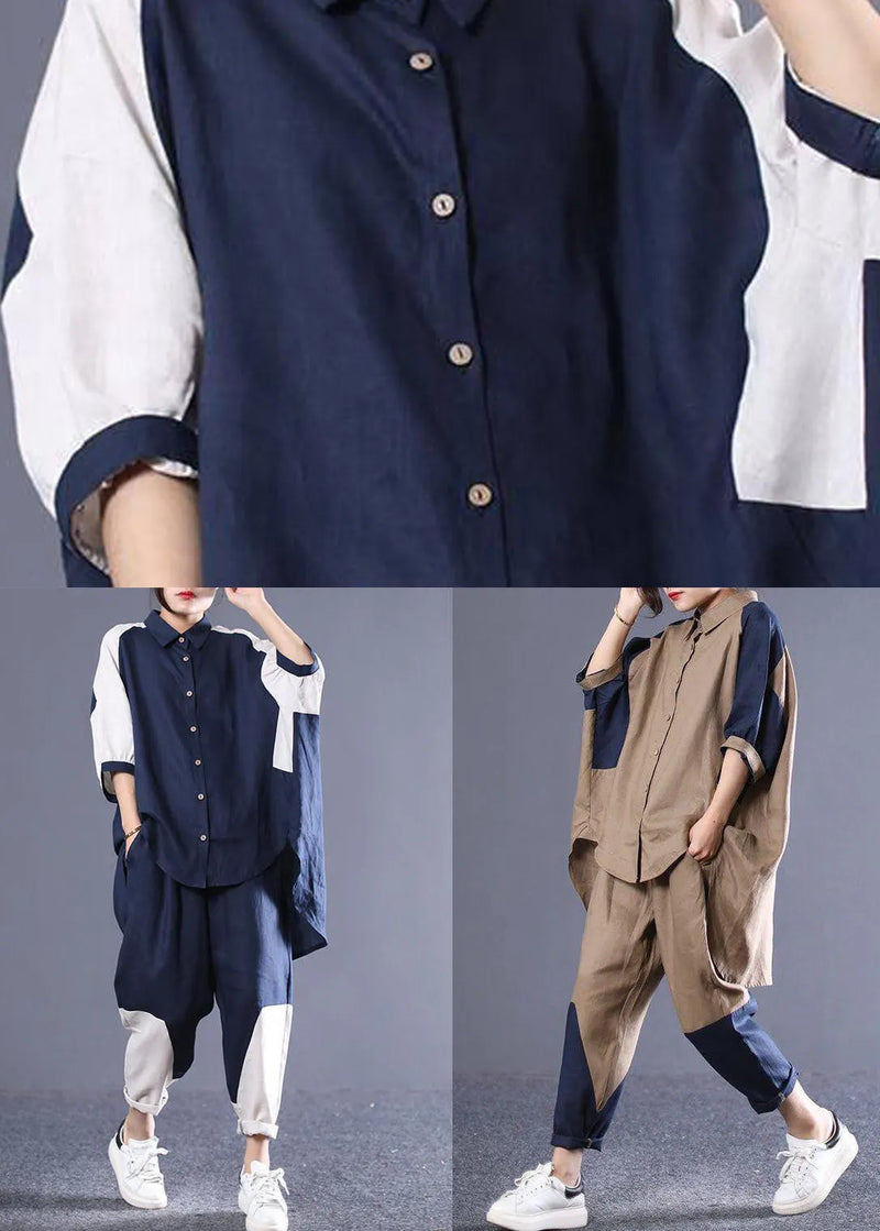 Navy Oversized Patchwork Cotton Two Pieces Set Batwing Sleeve