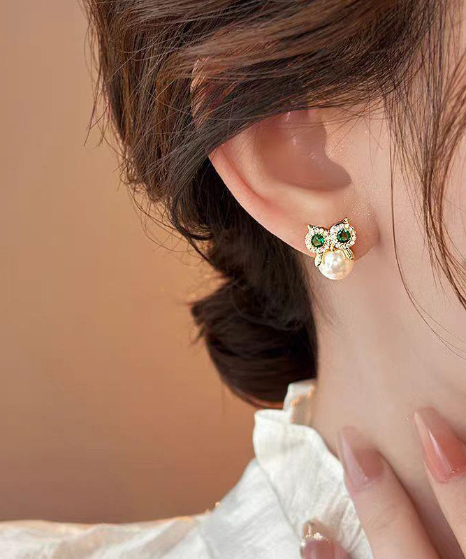 Gold Copper Alloy Zircon Owl Pearl Stud Earrings
