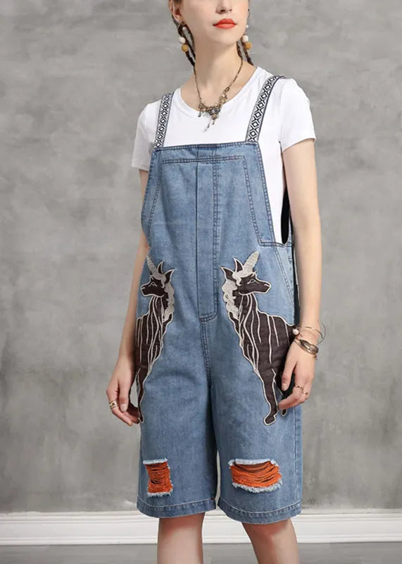 Vogue Light Blue Slash Neck Print Patchwork Denim Jumpsuits Summer