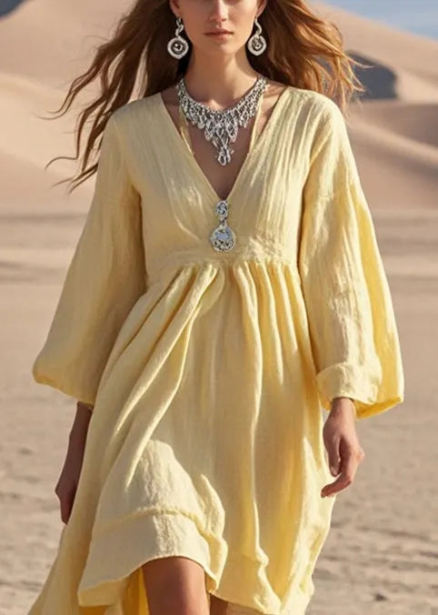 Yellow Exra Large Hem Cotton Holiday Dress Fall