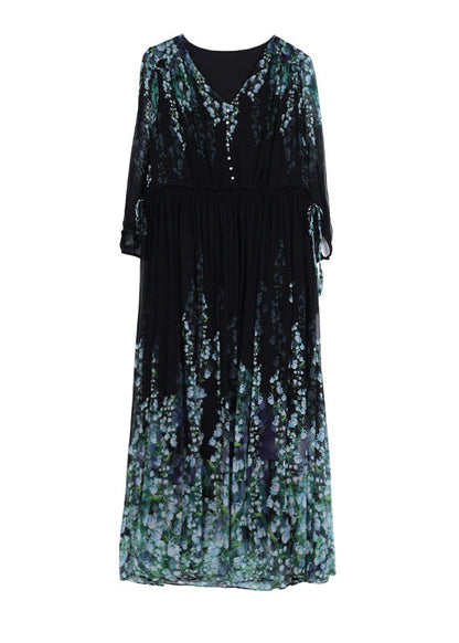 Classy Black V Neck Print Drawstring Wrinkled Silk Long Dress Summer