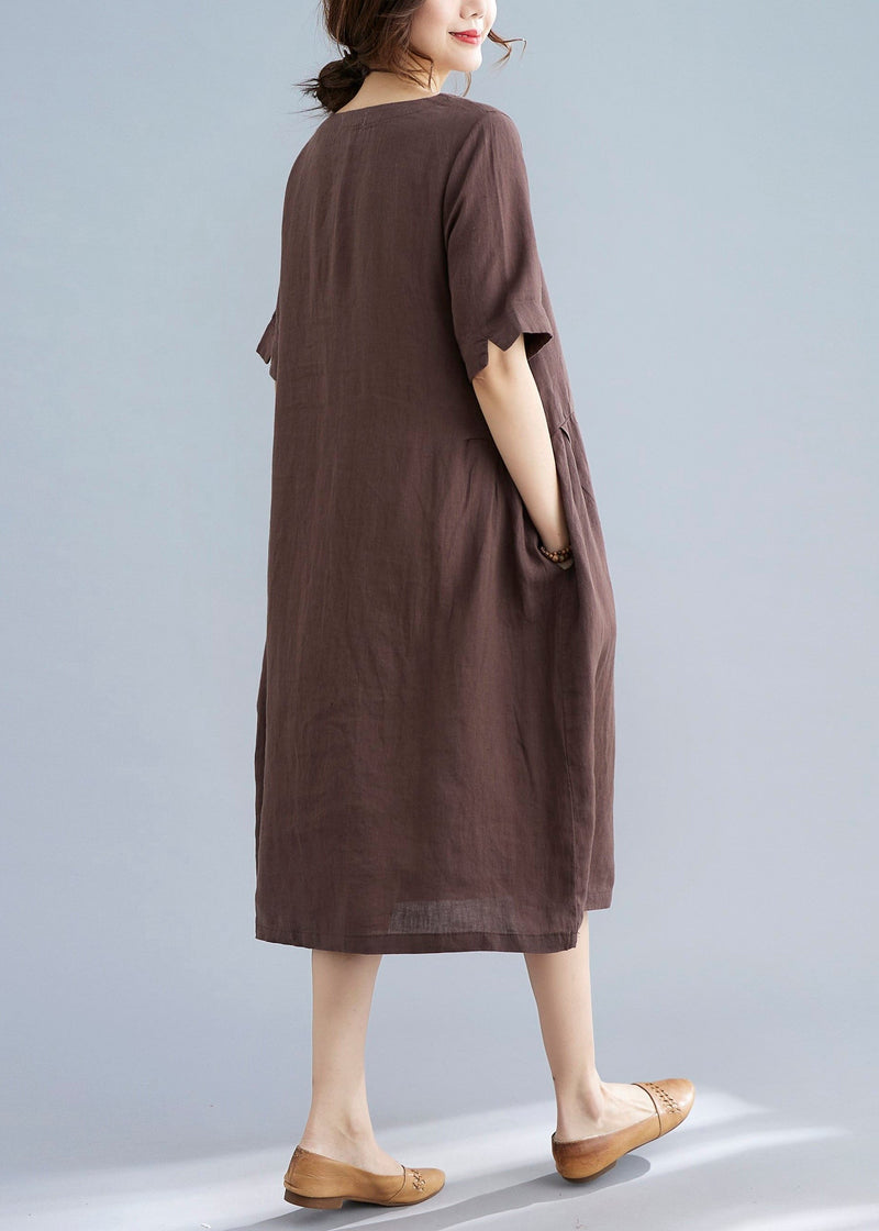 Chocolate Original Design Pocket Linen Holiday Dress Short Sleeve