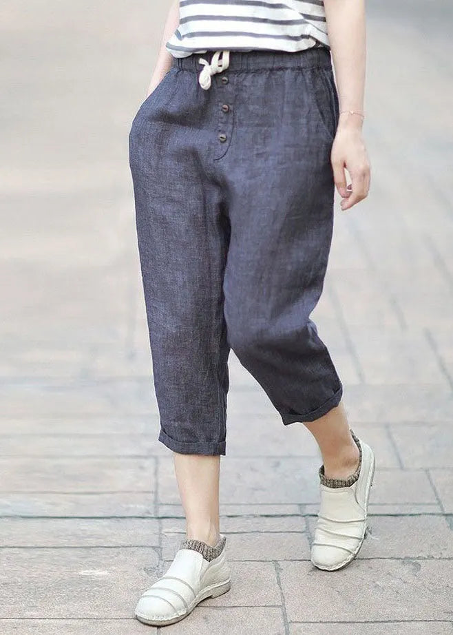 Denim Blue Pockets Patchwork Linen Crop Pants Summer