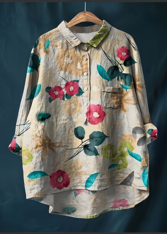 Beige Oversized Print Cotton Shirt Top Spring
