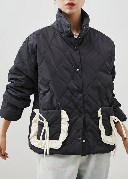 Black Ruffled Patchwork Pockets Fine Cotton Filled Jacket Spring