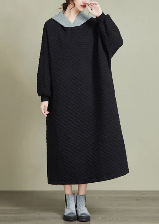 Black Hooded Patchwork Thick Long Dresses Long Sleeve