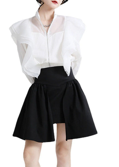 Black High Waist Patchwork Asymmetrical Design Fall Skirt