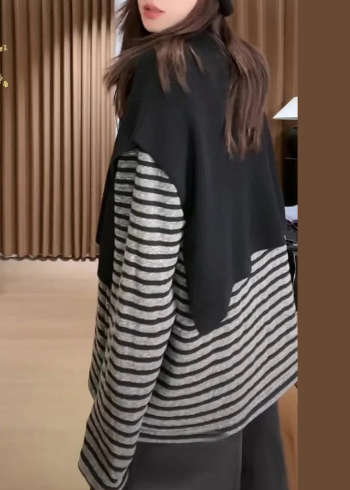 Black O Neck Knit Cape and Striped T Hirt Cotton Two Pieces Set Fall