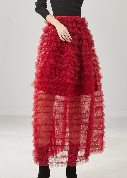 Red Ruffled Tulle Skirt Summer