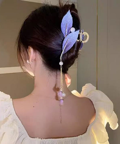 Purple Alloy Zircon Pearl Leaf Tassel Hairpin