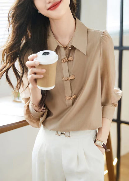 Khaki Peter Pan Collar Chinese Button Cotton Tops Fall