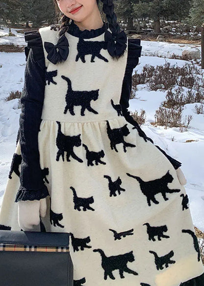 Classy Beige O-neck Bow Cats Print Wrinkled Ruffled Patchwork Woolen Long Dress Fall