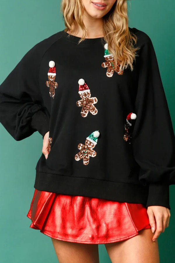 Christmas Gingerbread Man Sequin Long-Sleeve Sweatshirt