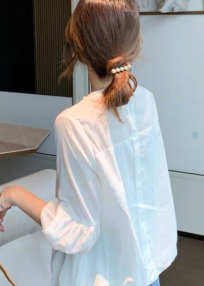 White Hollow Out Patchwork Cotton Shirt Lantern Sleeve