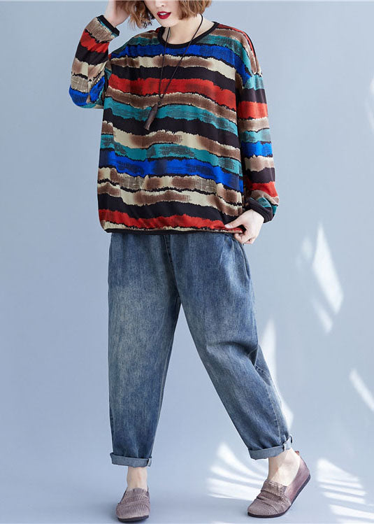 Simple Multicolour Striped O-neck Oversized Cotton Sweatshirts Tracksuits Spring