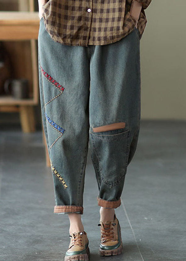 Blue Elastic Waist Asymmetrical Design Embroideried Cotton Jeans Spring